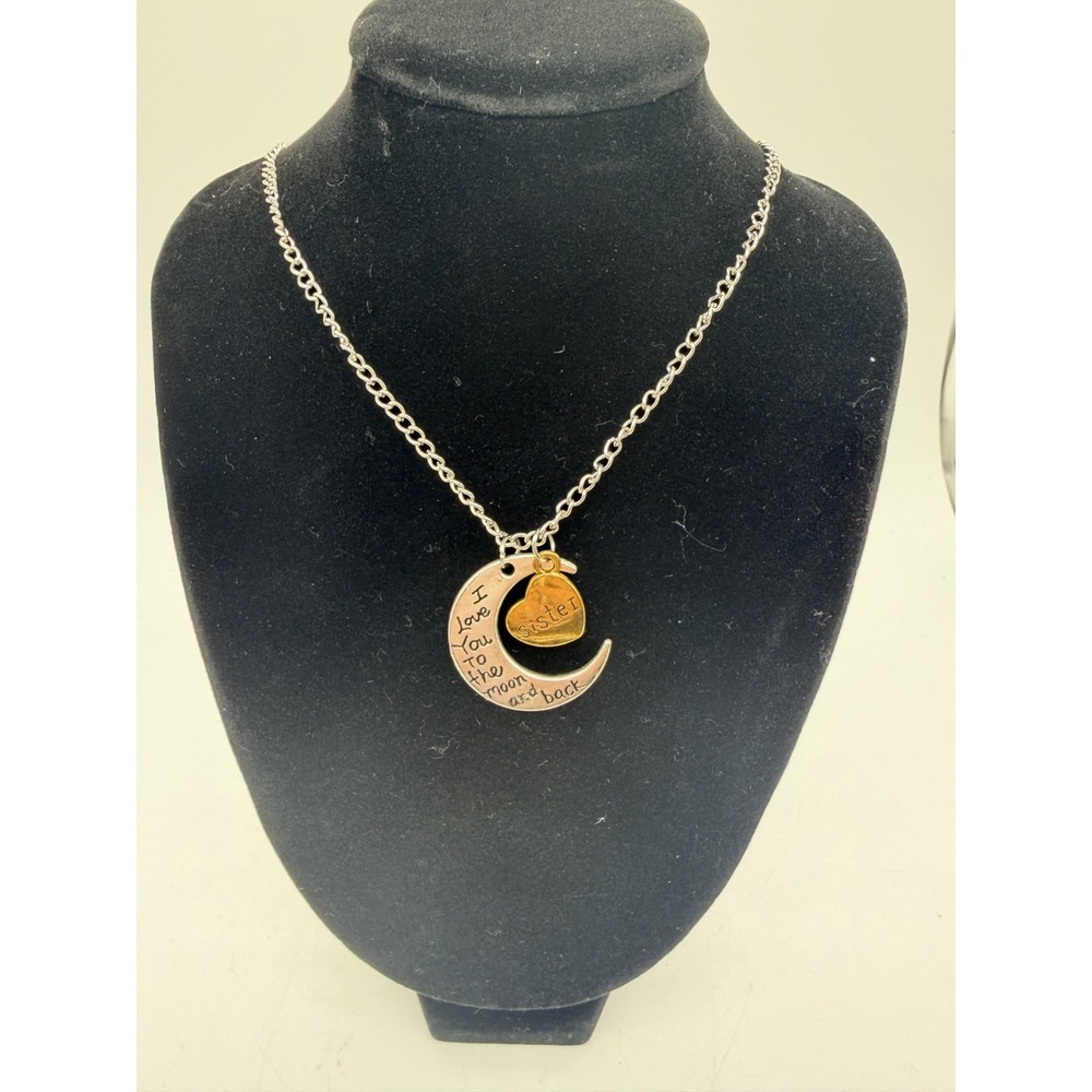 Crescent Moon & Heart Sister Love Pendant Necklace Silver Tone Family Jewelry